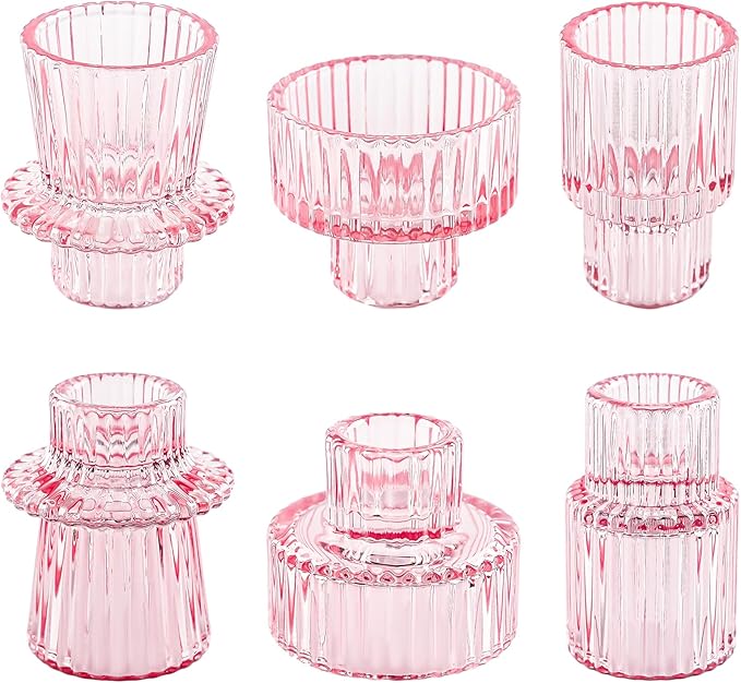 Taper Votive Candle Holder for Pillar Candles Tealight, Candlestick Holder for Wedding Christmas Tea Party, Boho Ribbed Vintage Crystal Glass Table Centerpiece Decor, Bulk Set of 6 (Pink)