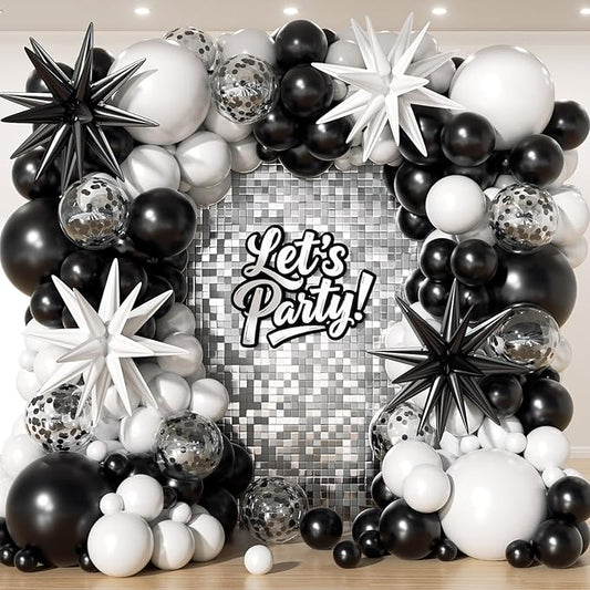 153Pcs Black and White Balloons Garland Arch Kit with Stars - 22 18 12 10 5 inch Different Size Black White Confetti Balloons for Birthday Anniversary Wedding Graduation Party Decorations