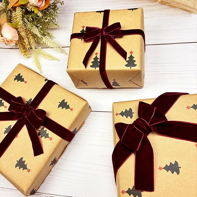 Vintage Burgundy Velvet Ribbon, 3 Rolls Thin Maroon Velvet Ribbon for Gift Wrapping, Wine Christmas Ribbons for Christmas Tree Ornaments, Holiday Decor, Wreaths, 3/8, 5/8, 1 inch Wide, 30 Yards Total