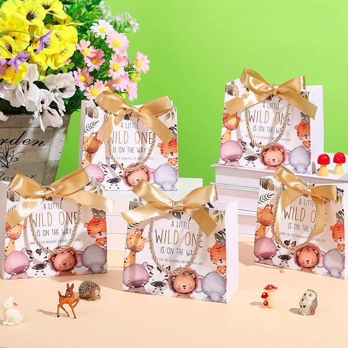 Spakon 25 Set Safari Baby Shower Party Favors Goodie Bag a Little Wild One Is on the Way Gift Jungle Animals Print Treat Bags with and Bow Ribbon Baby Shower Birthday Party Supplies