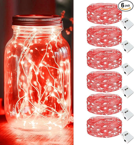 kolpop 6 Pack LED Fairy Lights Battery Operated, Mini Twinkle String Lights Battery Powered Waterproof for Christmas Mason Jars Party,Red