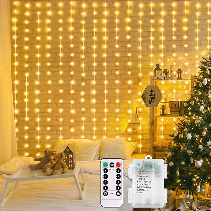 echosari Curtain Lights Battery Operated 200 LED Curtain Fairy Lights 6.6×6.6ft with Remote Timer Outdoor Wall Light Fully Waterproof for Wedding Backdrops Bedroom Decor (Warm White)