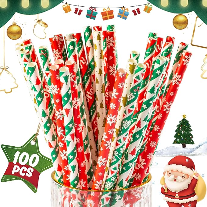 MAQIHAN 100pcs Christmas Drinking Straws - Cocktail Straws Small Colourful Agave Kraft Paper Straws Bulk, for Coffee, Milk, Juice, Cocktial and Suit for Christmas, Birthday Parties, Weddings.