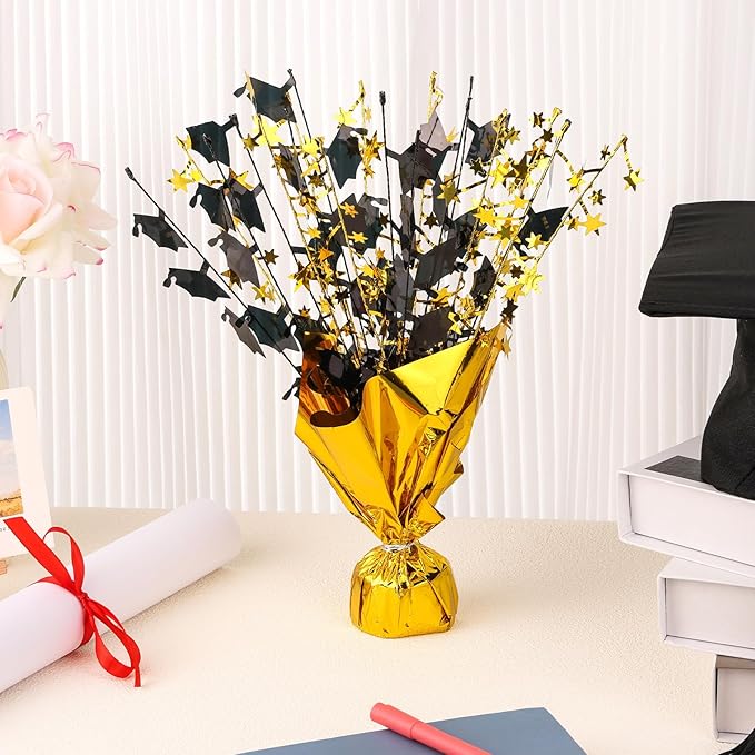 6 Packs Graduation Decorations Centerpieces for Tables Metallic Foil Star Graduate Cap Burst Tabletop Display in Black and Gold for 2026 Grad Ceremonies Celebrations Party Decor Supplies 12"