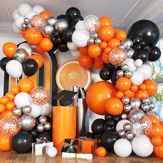 Orange and Black Balloon Arch Garland Kit, Orange Black White Confetti Spike Star Balloons for High College School Class of 2026 Graduate Congratulations Halloween Birthday Party Decoration Supplies