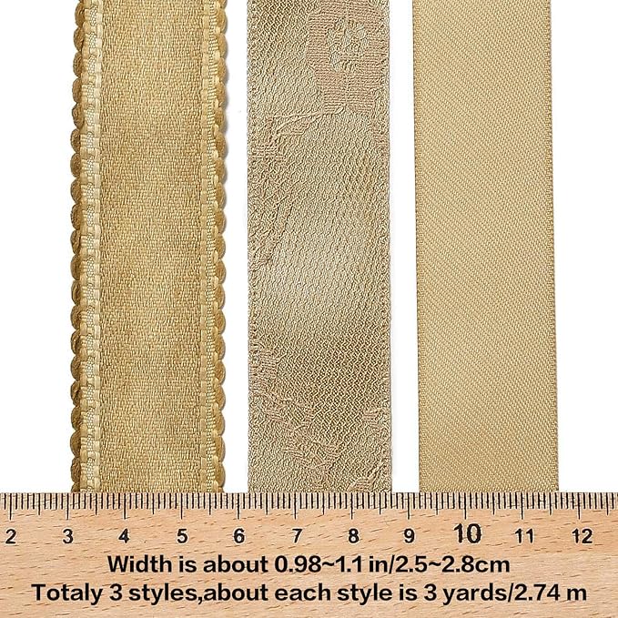 BEEFLYING 3 Styles Ginger Wire Edged Ribbons for Gift Wrapping, 25~28mm×2.7m Fabric Ribbons for Wedding Party Decoration Hair Bows Flower Designs Sewing and Craft, 9 Yards