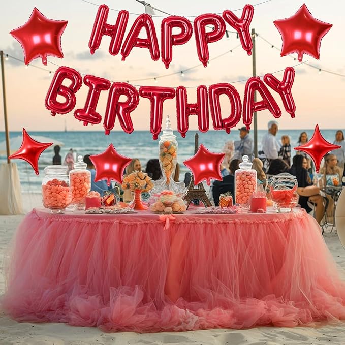 Red Happy Birthday Balloon Banner, 16 Inch Mylar Foil Letter Balloons, Reusable Birthday Decorations with Red Star Foil Balloons, Inflatable Party Supplies for Women Girls Decorations