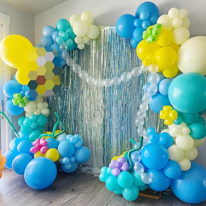 HILAVO Yellow Blue Clear Balloons 12 Inch 60 Pcs Blue Cartoon Balloon Teal Blue and Yellow Party Latex Balloons Transparent for Kids Birthday Ocean Baby Shower Party Decorations