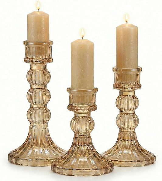 Amber Crystal Glass Candlestick Holders Set of 3, Vintage Taper Candle Holders for Table Centerpieces Decor, Valentine‘s Day, Wedding, Anniversary, Thanksgiving, Christmas Home Decor