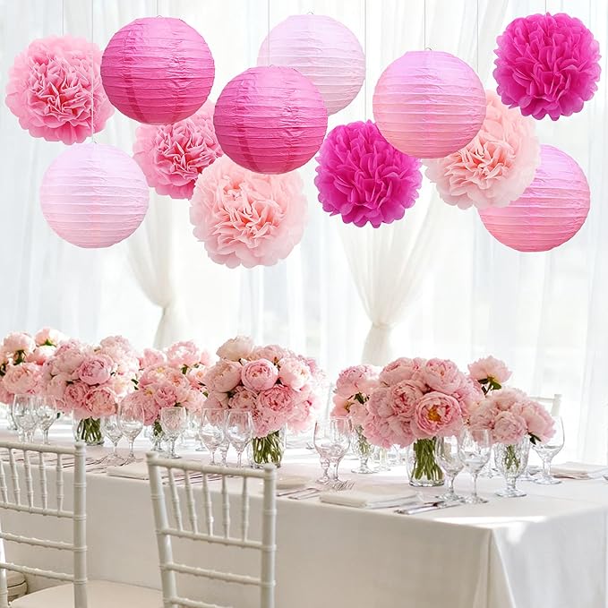 BEISHIDA Pink White Tissue Hanging Paper Flowers Lanterns Party Decorations Set for Birthday Graduation Baby Shower Bridal Bachelorette Wedding Photo Booth Backdrops Party Supplies(18 Packs)