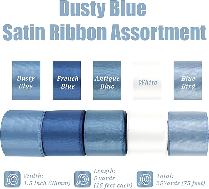 Dusty Blue Satin Ribbon Set, 1 1/2 Inch x 25 Yards, 5 Rolls French Blue Antique Blue Ribbon for Wedding, Flower Bouquet, Gift Wrapping, Hair Bows, Crafts and Party Decorations