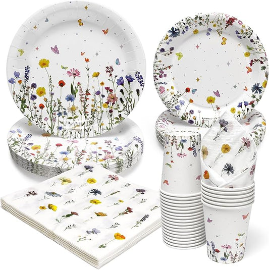 96 PCS Floral Paper Plates, Floral Wildflower Paper Plates and Napkins Sets Party Supplies for Birthday Bridal Shower Picnic Tea Time, Serve for 24 Guests