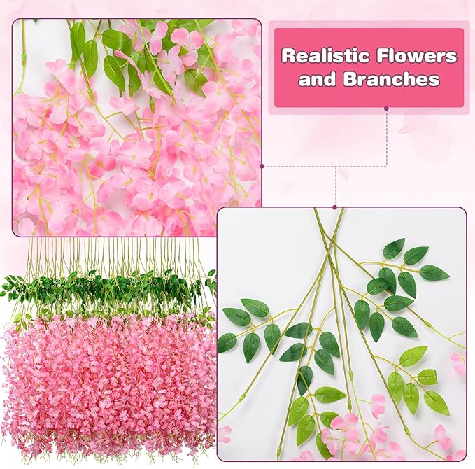 Alotiki Wisteria Hanging Flowers,12 Pack Fake Hanging Flowers,Wisteria Artificiales Garland for Home Wedding Arch Floral Party Garden Ceremony Outdoor Decor,3.6 Feet Long(12,Pink)