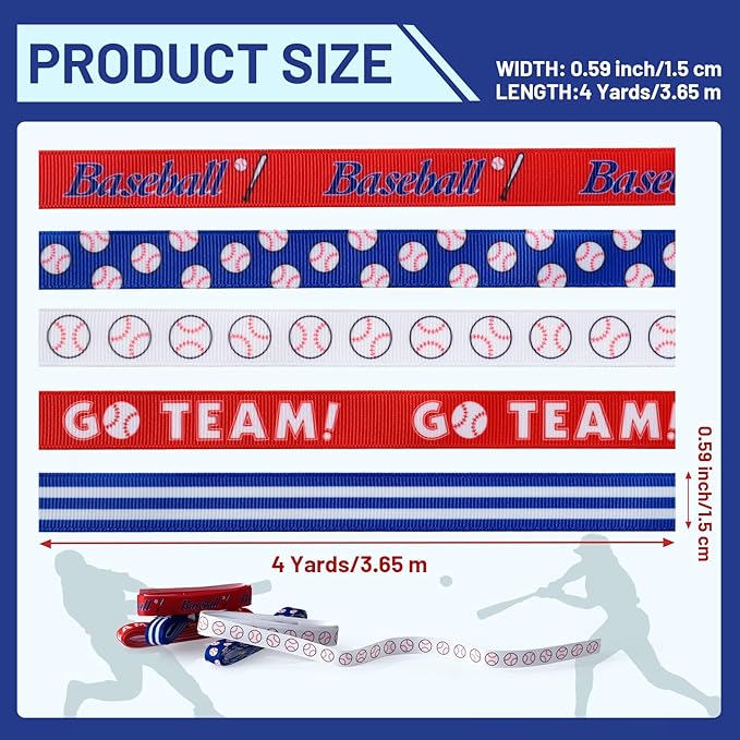 Baseball Ribbons 5 Rolls 20 Yards Total, 5/8" Sports Grosgrain Baseball Themed Ribbons for Gift Wrapping Crafts Making Hair Bows and Team Party Decor