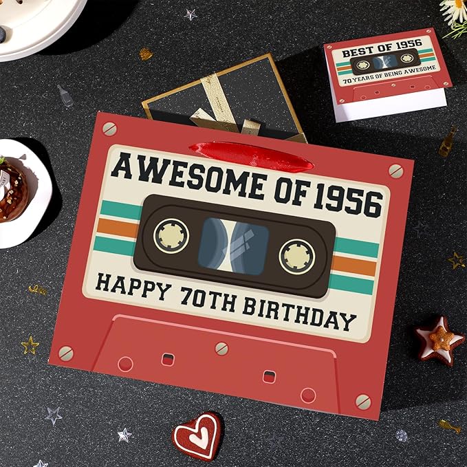 70th Birthday Gift Bag for Men Women Retro Tape 1956 Birthday Party Favor Bags with Tissue Paper and Greeting Card Vintage Cassette 70 Years Old Gift Wrapping Bag Decorations for Mom Dad Friends Gifts