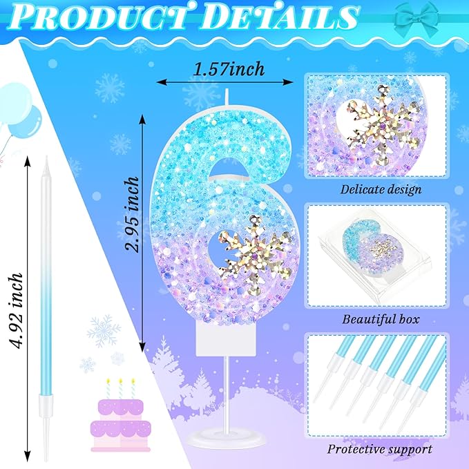 MTLEE Number 6 Birthday Candle Blue Snowflake with 6 Long Thin Cupcake Candles Blue Sparklers Glitter Number Happy Birthday Cake Topper Decorations for Winter Party Supplies