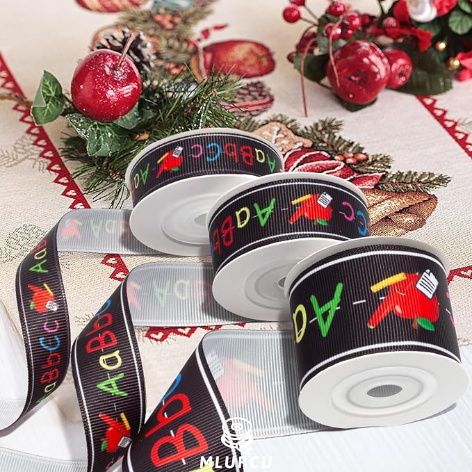 Back to School Themed Grosgrain Ribbon 3 Rolls Set 5/8" 7/8" 1.5", ABC Alphabet Apple Print Craft Fabric Ribbon for Teacher Appreciation Wreath Garland Bows Sewing Gift Wrapping Classroom Party Decor