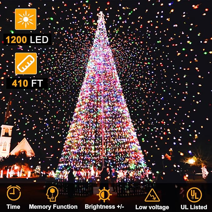 FLVOECN 410Ft 1200LED Christmas Lights Outdoor Decorations 12 Modes & Memory Timer Christmas Lights with Remote Plug in Waterproof Fairy String Lights for Xmas Wedding Party Holiday Decor（Multicolor）