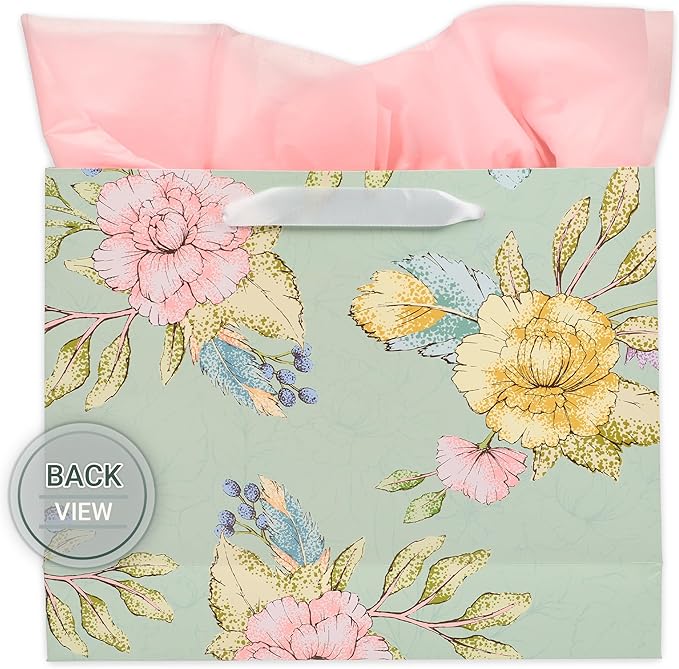 Christian Art Gifts Three Piece Landscape Gift Bag w/Card & Tissue Paper Set for Women: The Lord Delights - Isaiah 62:4 Inspirational Bible Verse, Soft Mint Green & Pink Multicolor Floral, Large