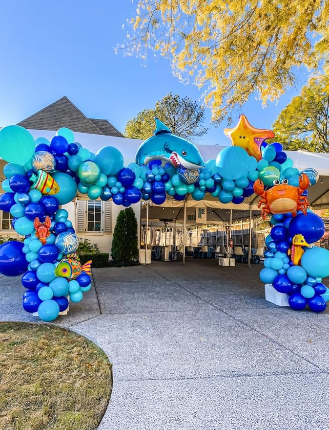 Under The Sea Balloon Arch Garland Kit, 154Pcs Ocean Themed Party Decorations with Blue Balloons, Marine Animals Foil Balloons for Ocean Theme Birthday Baby Shower Wedding Party Supplies