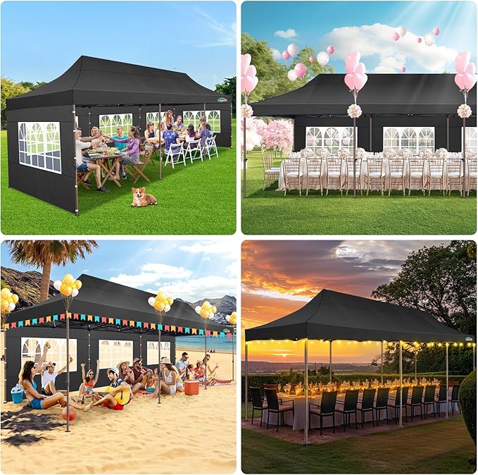 COBIZI 10x30 Pop Up Heavy Duty Canopy with 8 Sidewalls and Hexagonal Legs, Easy up Tent for Party, Wedding and Commercial, Outdoor Canopy with Carry Bag, Waterproof & UPF50+ (Black)