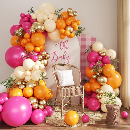 Pink and Orange Balloon Arch Kit Tropical Luau Balloon Garland Arch Kit with Orange Hot Pink Gold Ivory White Balloons for Hawaiian Beach Theme Baby Shower Bridal Shower Birthday Party Decorations