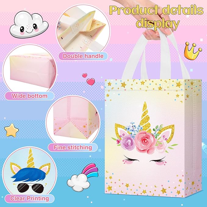 Locmeo 24 Pcs Unicorn Party Favor Bags with Handles - Reusable Non Woven Goodie Bags in Pink & Blue - Candy Treat Gift Bags for Girl & Boy Birthday Parties, 8 x 4 x 10 Inch