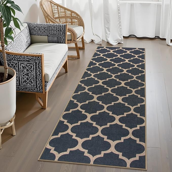 Lahome Moroccan Easy Jute Runner Rug, Blue Outdoor Washable Runner Rugs for Porch Hallway, Geometric Trellis Woven Long Carpet for Doorway, Thin Non Slip Outdoor Decor, 2'6'' x 8'
