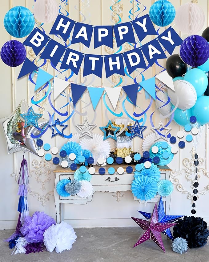 Pre-Strung Blue Happy Birthday Decorations, Happy Birthday Banner with Honeycomb Balls, Stars Hanging Swirl Streamers, Dots Garland, Party Decorations for Men Boys Women Girls