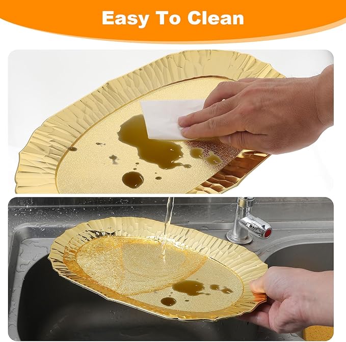 6 Pcs Gold Plastic Serving Trays Reusable Party Platters for Desserts, Snacks, Charcuterie, Cupcakes, Elegant Decorative Food Display, 14" x 8.5"