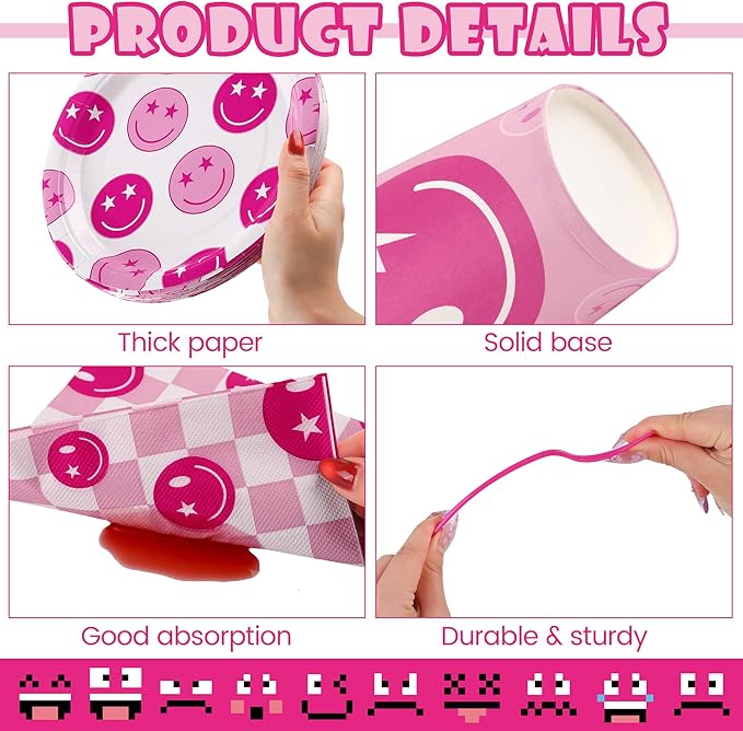 Kochorie 144 Pieces Preppy Party Supplies, Pink Preppy Smile Face Tableware Sets Including Disposable Paper Plates Napkins Cups Forks Serves 24 for Smiley Face Baby Shower Birthday Party Decorations
