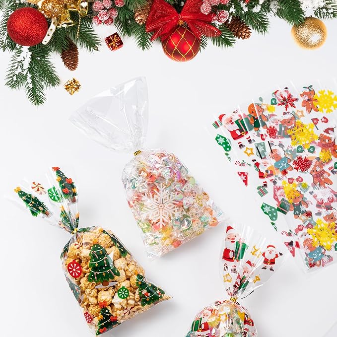 Aegero 120 Pcs Christmas Cellophane Treat Bags, Xmas Gift Candy Goodies Bags with 140 Pcs Twists for Xmas Party Favor Supplies,Kids Party Favors,Snacks Cookies Packing(10.63 x 5.12 inches,Red/Green)
