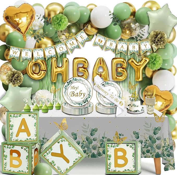 Sage Green Neutral Baby Shower All In One Set - 4 Balloon Boxes, 12 Tableware Sets with Disposable Plates, "OH BABY" Balloons, Tablecloth & Cake Toppers
