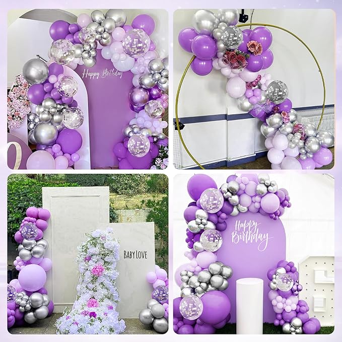147pcs Purple and Silver Balloon Arch Kit, 18 12 10 5inch Light Purple Metallic Silver Balloons for Butterfly Birthday Lavender Wedding Baby Shower Party Decoration