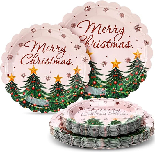 Havawish 60 Pcs Merry Christmas Party Decorations Xmas Tree Plates Christmas Disposable Paper Plates Tableware Party Supplies Xmas Dinner Table Decorations for Home Outdoor Picnic Winter Holiday