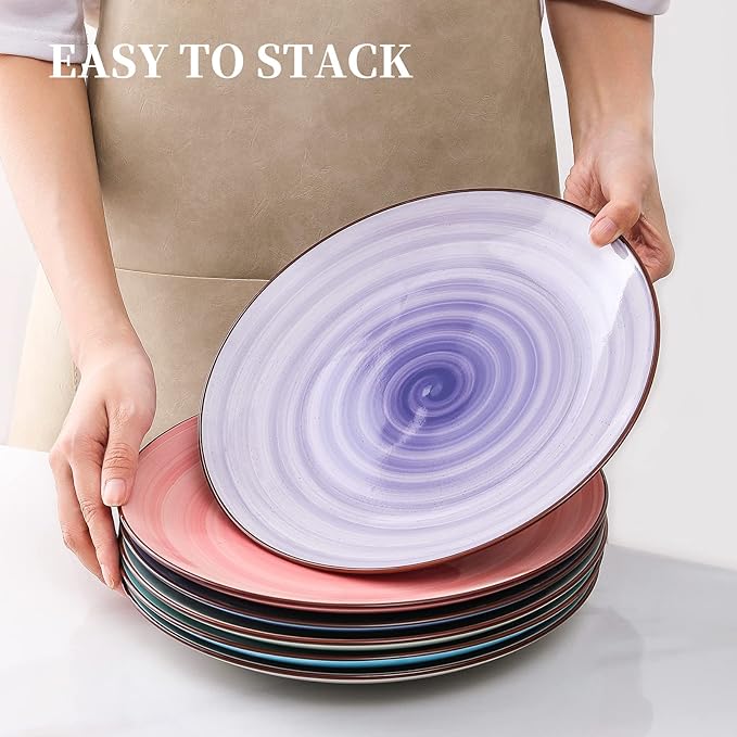 KitchenTour Large Ceramic Dinner Plates, 10 Inch Porcelain Serving Plate for Salad, Dessert Pizza Steak Pasta Plates Set, Dishwasher and Microwave Safe - Set of 6, Assorted Warm Colors