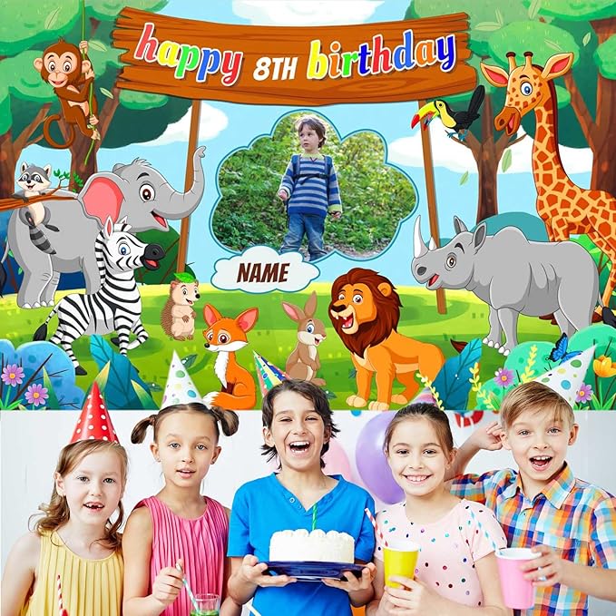 Custom Jungle Safari Happy Birthday Party Decorations Supplies Personalized Jungle Safari Animal Birthday Backdrop Banner(4x6ft)