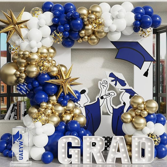Graduation Balloon Arch Kit 139Pcs Blue and Gold Balloon Garland Royal Blue White Metallic Gold Confetti Balloons for Class of 2026 Congrats Grad Celebrations Birthday Supplies