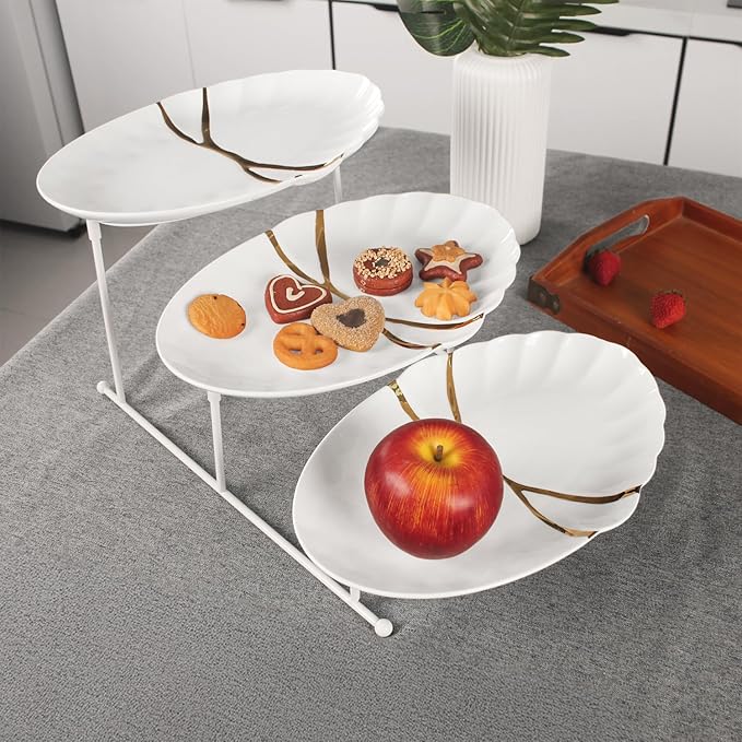 three-tier dining stand, including three 9.8-inch rectangular gold-rimmed plates, foldable and sturdy white metal stand for food display, fruit, desserts, party entertainment decoration