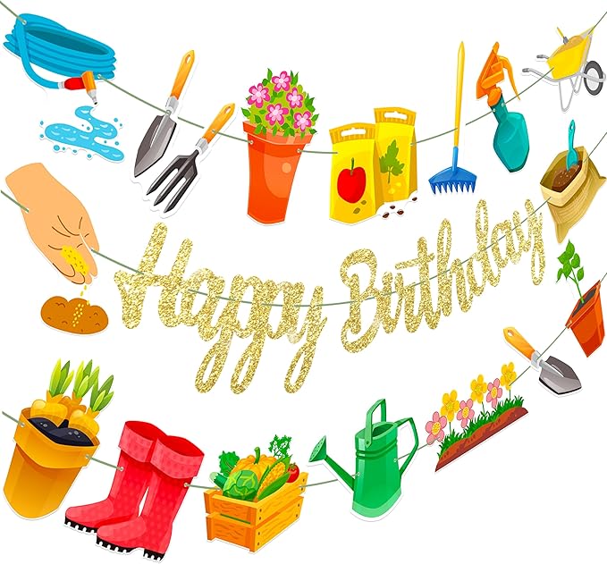 Garden Birthday Party Decorations 3Pcs Gardening Tool Theme Banner Garlands Gardening Birthday Hanging Decorations for Spring Theme Party Supplies