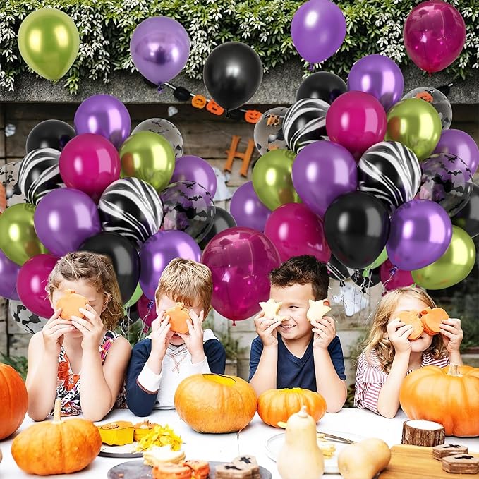 Paready Black Purple Pink Halloween Balloons, 60 Pcs Hot Pink Black Green Party Balloons, Metallic Green Purple Balloon Bat Printed Agate Balloon for Halloween Birthday Home Garden Party Decoration