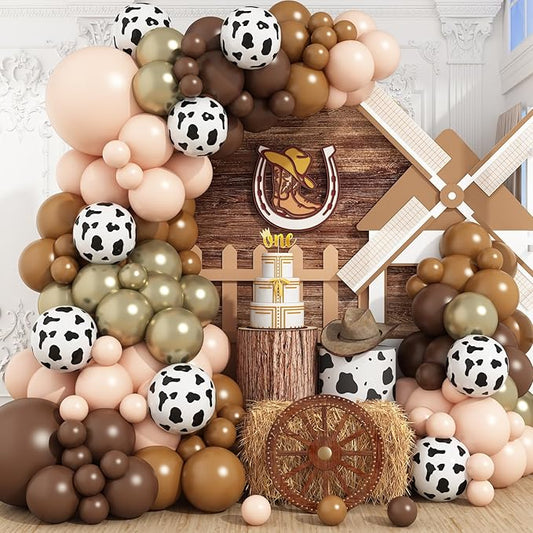 Brown Western Balloons Arch Kit, Brown Nude Gold Cow Print Balloons Garland Kit Cowboy Balloons Arch for Farm Cowboy Western Baby Shower Birthday Party Decorations