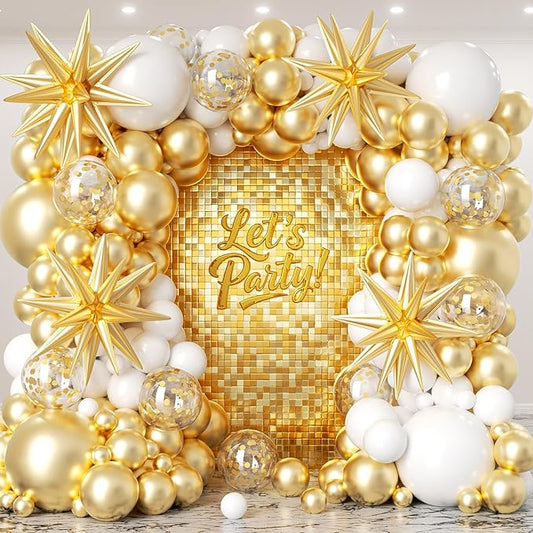 White and Gold Balloon Arch Garland Kit 153pcs with Star, 22 18 12 10 5in Different Size White Metallic Gold Confetti Latex Balloons for Birthday Anniversary Wedding Baby Shower Decoration