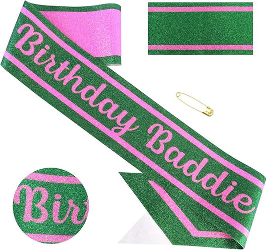 Pink Green Birthday Sash for Girls, Letter "Birthday Baddie" Witch Themed Sash with Glitter Foil, Happy Funny Accessories for Party Favors Supplies