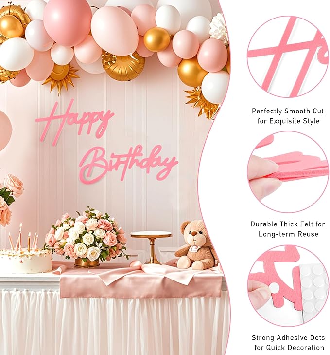 CANREVEL Happy Birthday Sign for Backdrop, Felt Pink Happy Birthday Banner, Pink Birthday Party Decorations for Girl Boy Women Men, Wall Decor Balloon Arch Photo Prop