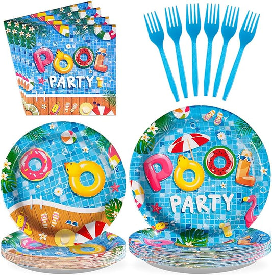 200 Pcs Pool Party Supplies Summer Pool Party Plates and Napkins Sets Disposable Beach Paper Plate Tableware for Summer Beach Theme Hawaiian Luau Holiday Birthday Baby Shower Decorations Serves 50