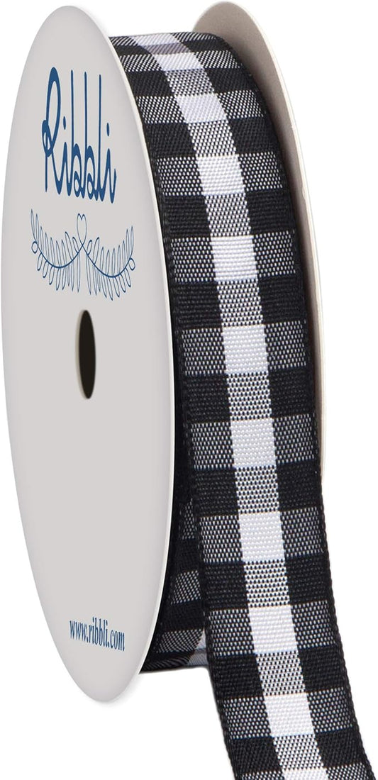 Ribbli Black and White Gingham Ribbon,100% Polyester Woven Edge,5/8 Inch x 10 Yard,Plaid Ribbon,Buffalo Checked Ribbon (Black B)
