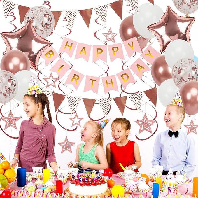 Rose Gold Birthday Decorations, Happy Birthday Banner and Rose Gold Star Balloons, Glitter Hanging Stars with Hanging Swirls, Bunting Banner, for Women Girls Party Decoration