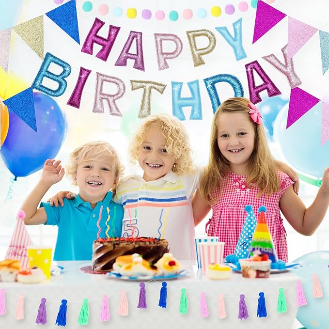 Mindsoft 5 Pcs Pre-strung Unicorn Glitter Happy Birthday Banner Set, Felt Happy Birthday Garland with Ball Garland, Pennant Flags and Tassels, Birthdays Party Decorations for Kids and Adults