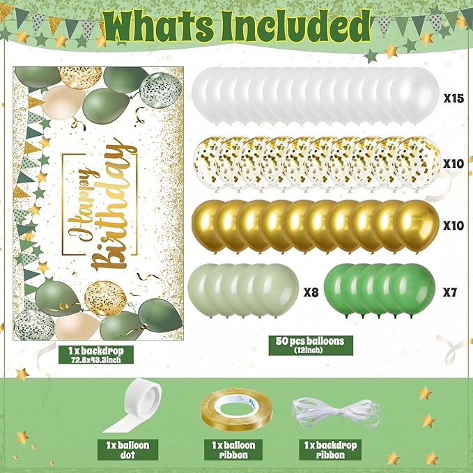 Tatuo Sage Green Birthday Confetti Balloons Kit Set Photography Backdrop Banner Package for Boys Girls Men Women Birthday Party Decorations Supplies Rustic Boho Favors (Green and Gold)